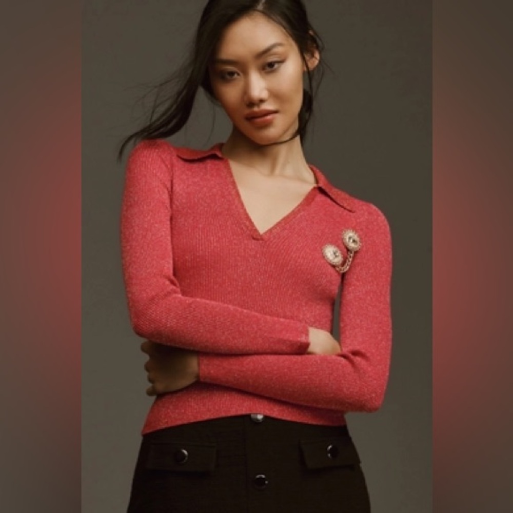 Anthropologie Maeve V-Neck Lurex Polo Sweater in Pink Combo Women’s Size M